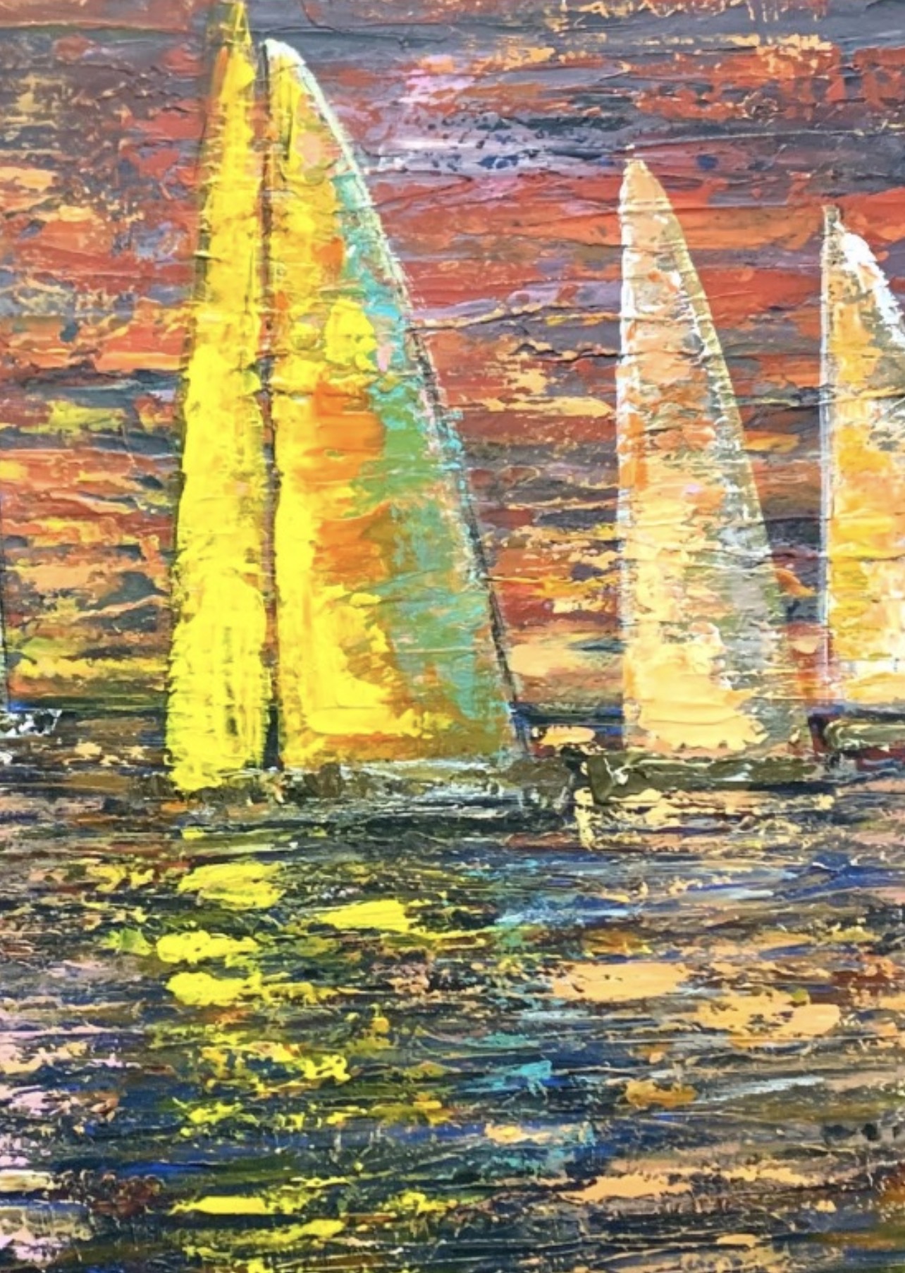 Detail of The Sun Melted into the Sea. Sailboats at Sunset